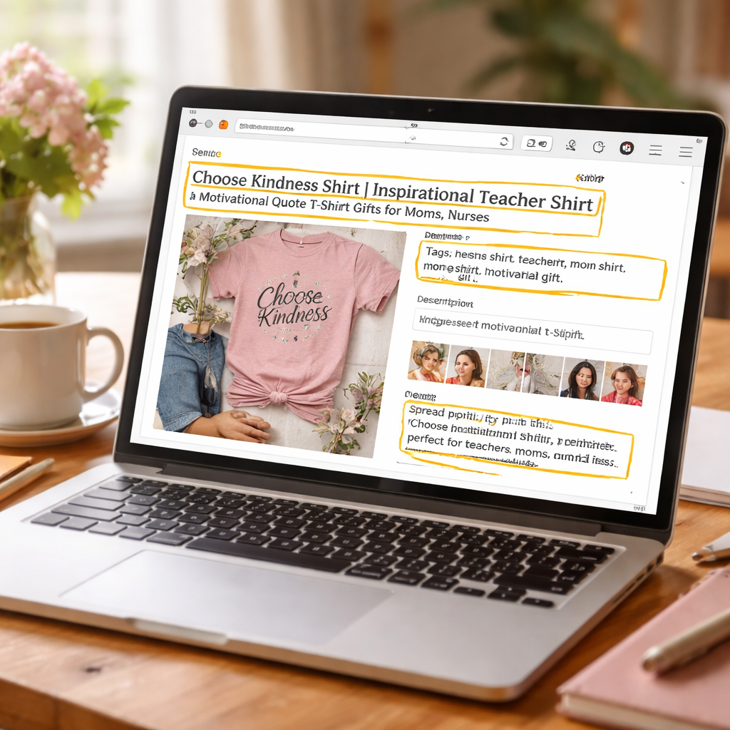 A Realism image showing a laptop screen with an Etsy product listing for a motivational quote t‑shirt, highlighted SEO fields like title, tags, and description, soft natural lighting, appealing to moms, teachers, and nurses. Alt: Motivational quote t‑shirt product listing SEO optimization.