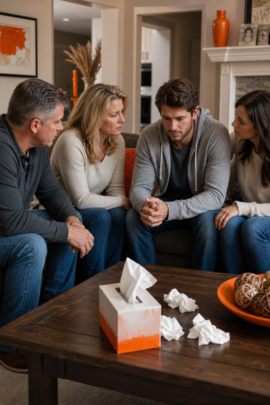 A realistic photo of a family sitting together in a living room, looking serious but hopeful, with tissues on the coffee table. Alt: Family gathering for a heroin intervention in a living room.