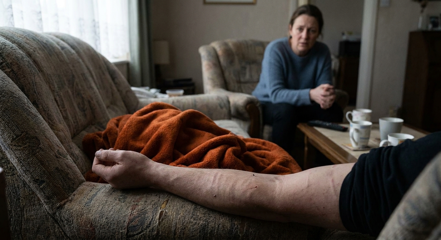 A realistic image of a person's arm with track marks, lying on a couch, with a worried family member in the background. Alt: Signs of heroin addiction such as track marks and neglect.