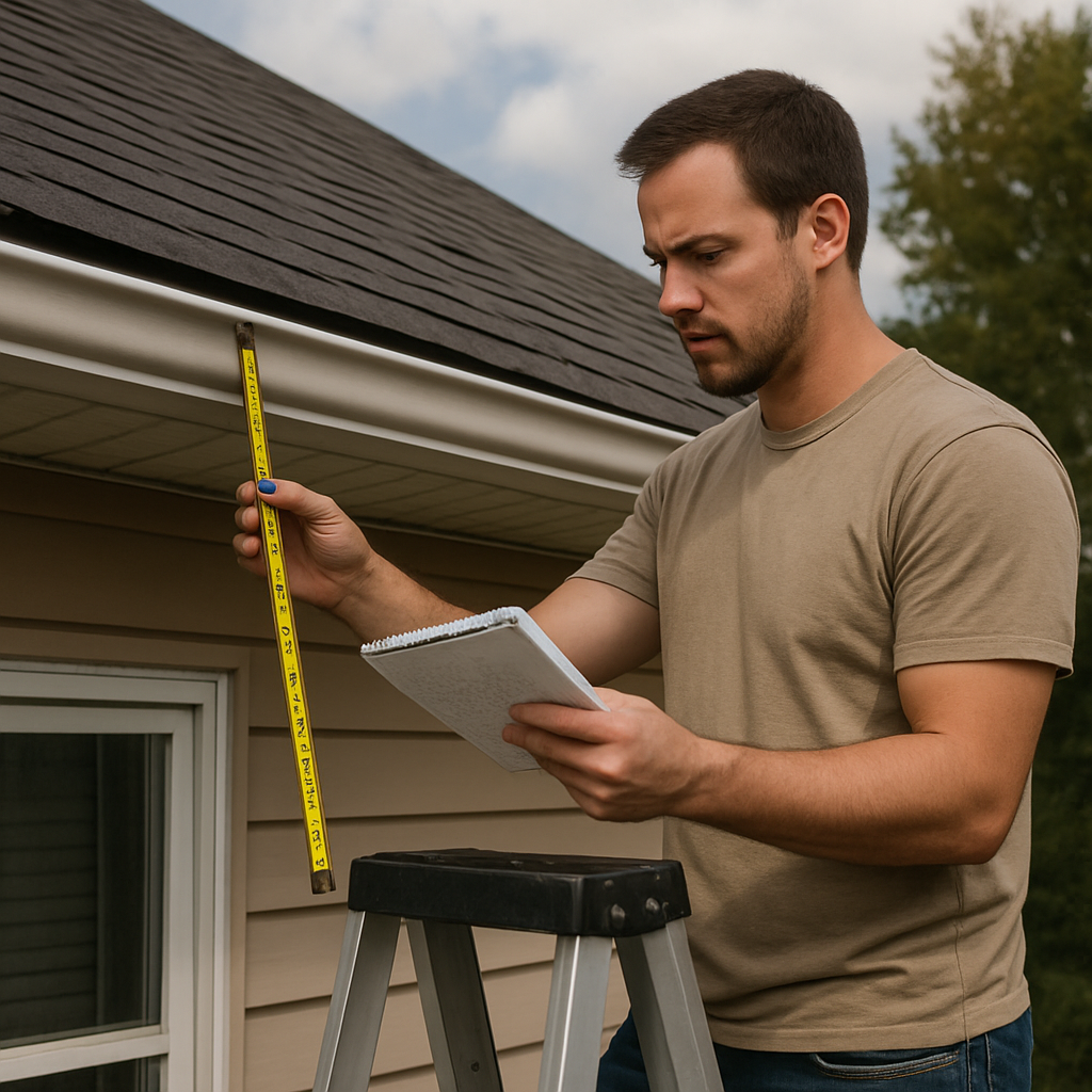 A homeowner standing on a ladder, measuring a roof edge with a tape measure, looking at a notebook with gutter dimensions. Alt: gutter installation virginia beach assessment and material gathering.