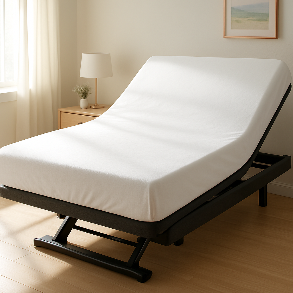 A bright, clean bedroom with an adjustable bed and a freshly laundered memory foam mattress cover draped over it, sunlight streaming in, highlighting the smooth texture of the cover. Alt: Clean memory foam mattress cover on adjustable bed in a serene bedroom.