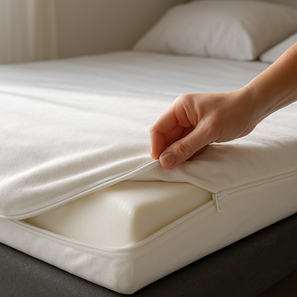 A hand gently sliding the zip of a memory foam mattress cover back onto a neatly made adjustable bed, with soft natural light highlighting the smooth fabric. Alt: How to re‑cover a memory foam mattress cover for lasting freshness.