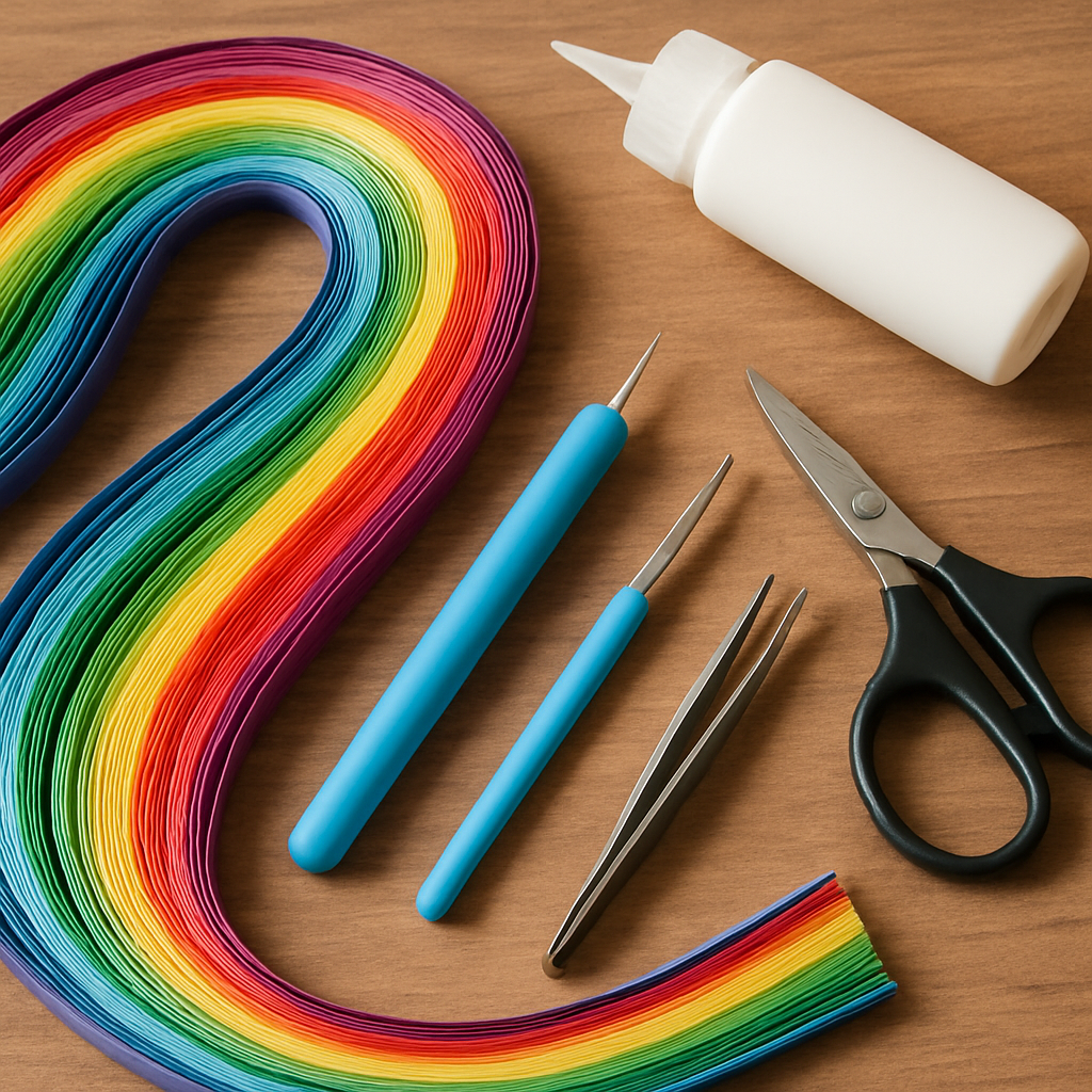 Close-up of colorful paper quilling strips and basic quilling tools like a slotted tool, glue bottle with fine tip, scissors, and tweezers laid out on a wooden craft table. Alt: Essential paper quilling supplies for beginners including colorful paper strips, needle tool, glue, scissors, and tweezers.