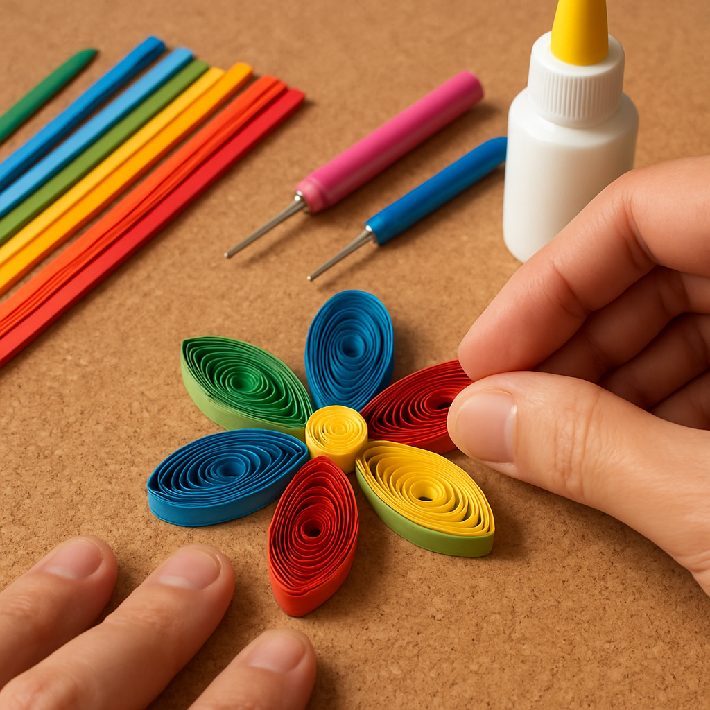 A close-up of hands assembling a colorful simple paper quilling flower on a workboard, with quilling tools and glue in the background. Alt: Step by step assembly of simple paper quilling flower project.