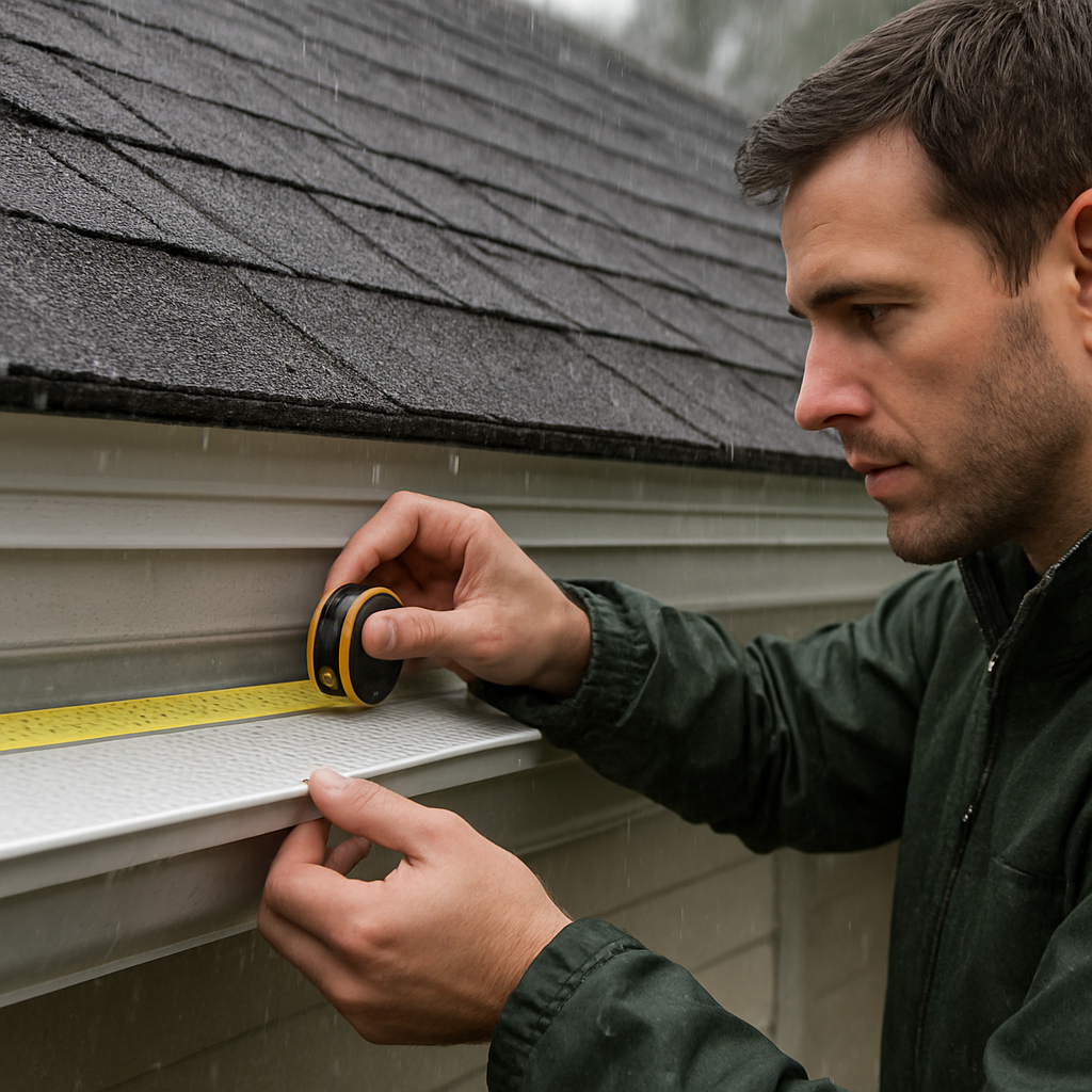 A homeowner measuring a gutter and placing a splash guard on a rainy day, showing the guard strip aligning with the gutter lip. Alt: Gutter splash guard installation step.