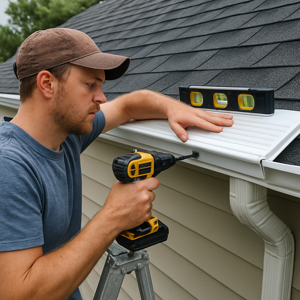A homeowner standing on a ladder, sliding a PVC splash guard over the lip of an aluminum gutter, with a level on the guard and a drill in hand. Alt: Gutter splash guard installation