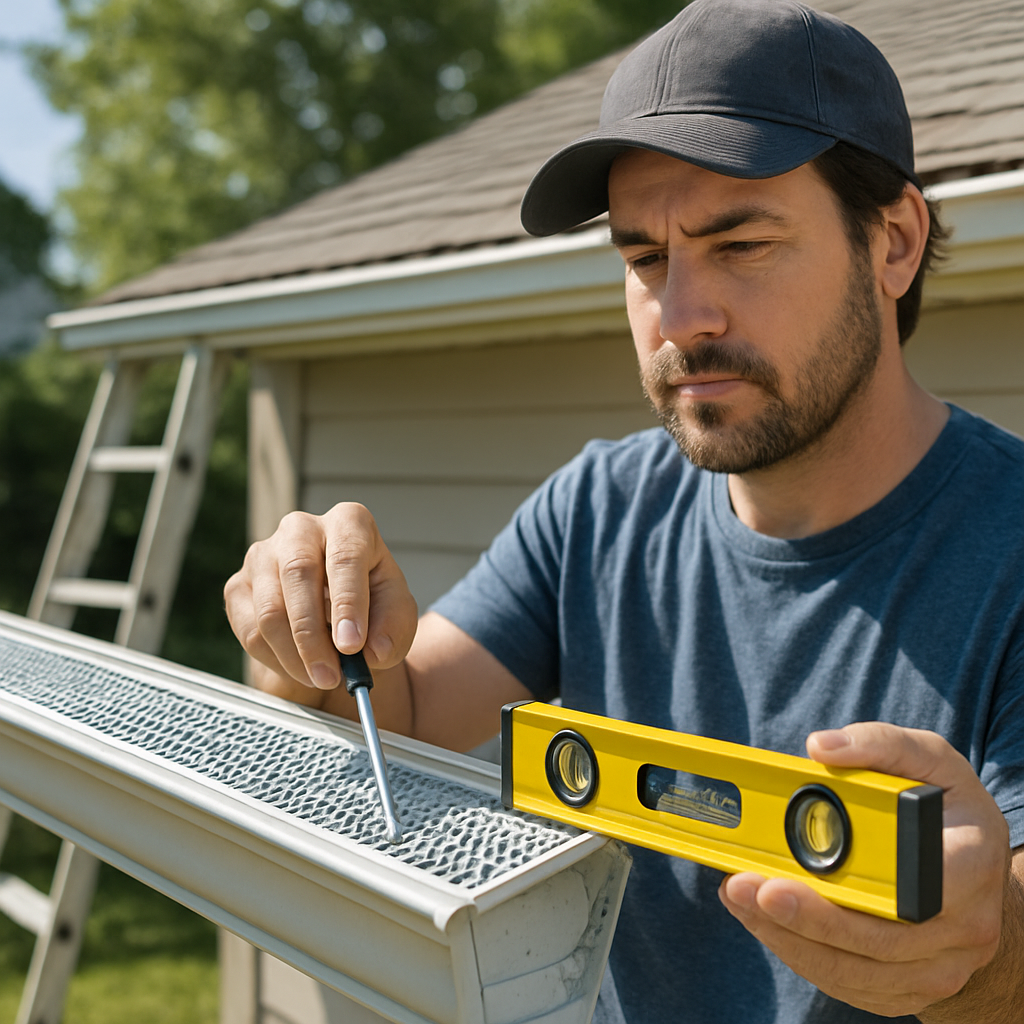 A homeowner inspecting a rain gutter with a splash guard, holding a level and a screwdriver, ladder in background, sunny day. Alt: Homeowner inspecting gutter splash guard