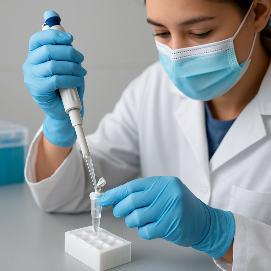 A lab technician carefully pipetting clear lysate into a silica spin column, with a backdrop of RNase‑free bench space. Alt: RNA extraction clean template for reverse transcription PCR