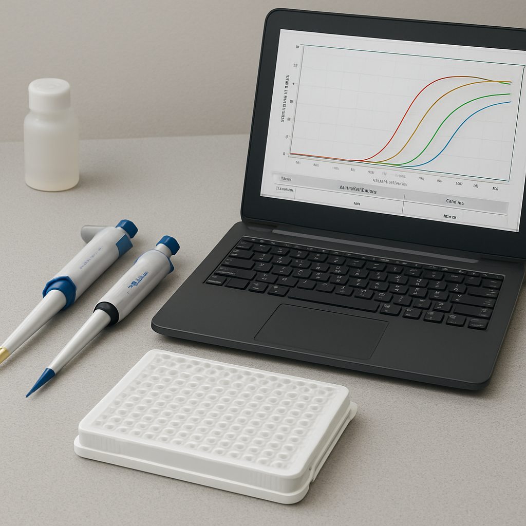 A lab bench with a qPCR plate, pipettes, and a laptop displaying amplification curves. Alt: qPCR setup and primer design for gene targeting.