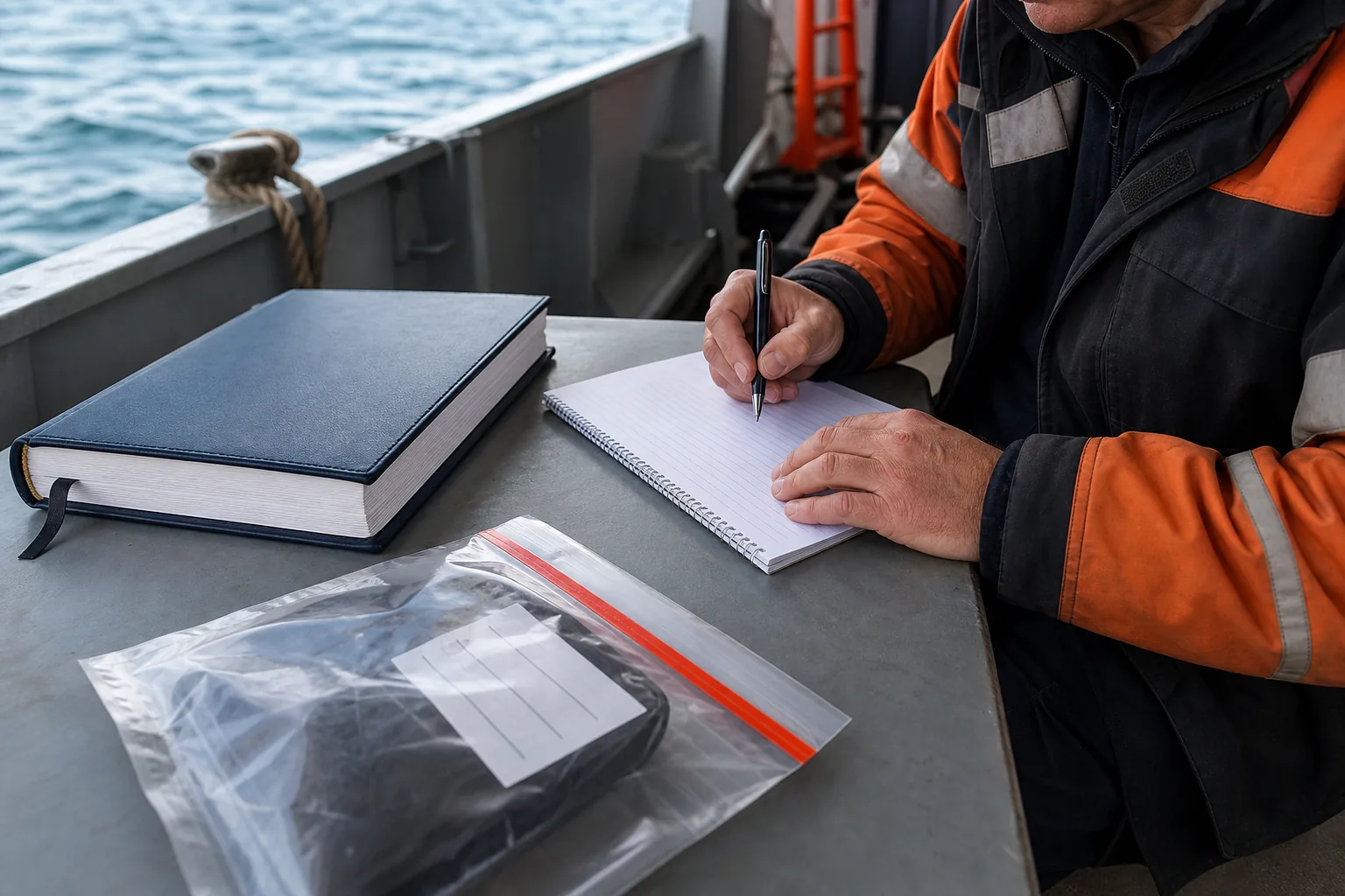 Crew member recording witness details and preserving vessel records after an accident.