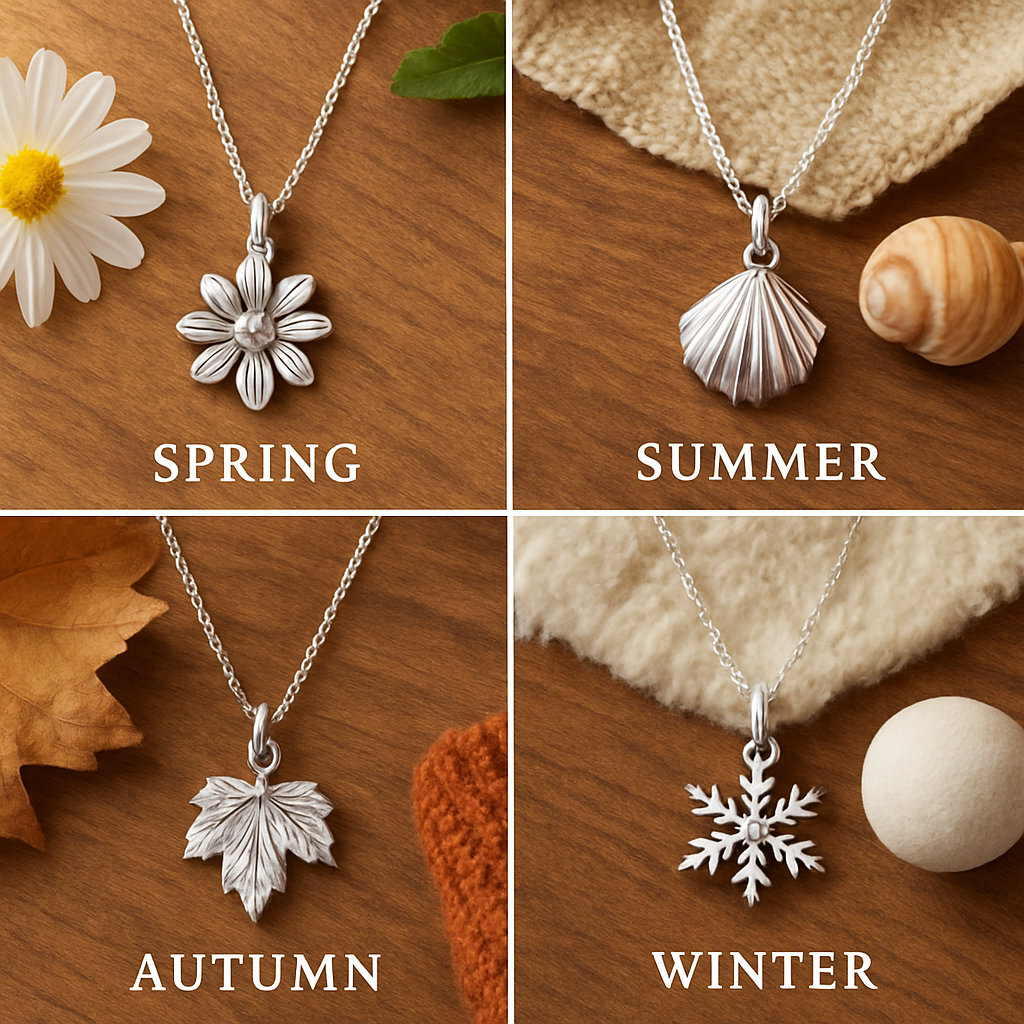 A collage of four sterling silver pendant necklaces representing spring flowers, summer shells, autumn leaves, and winter sparkle, arranged on a wooden table with seasonal accessories. Alt: Seasonal trendy picks for sterling silver pendant necklace