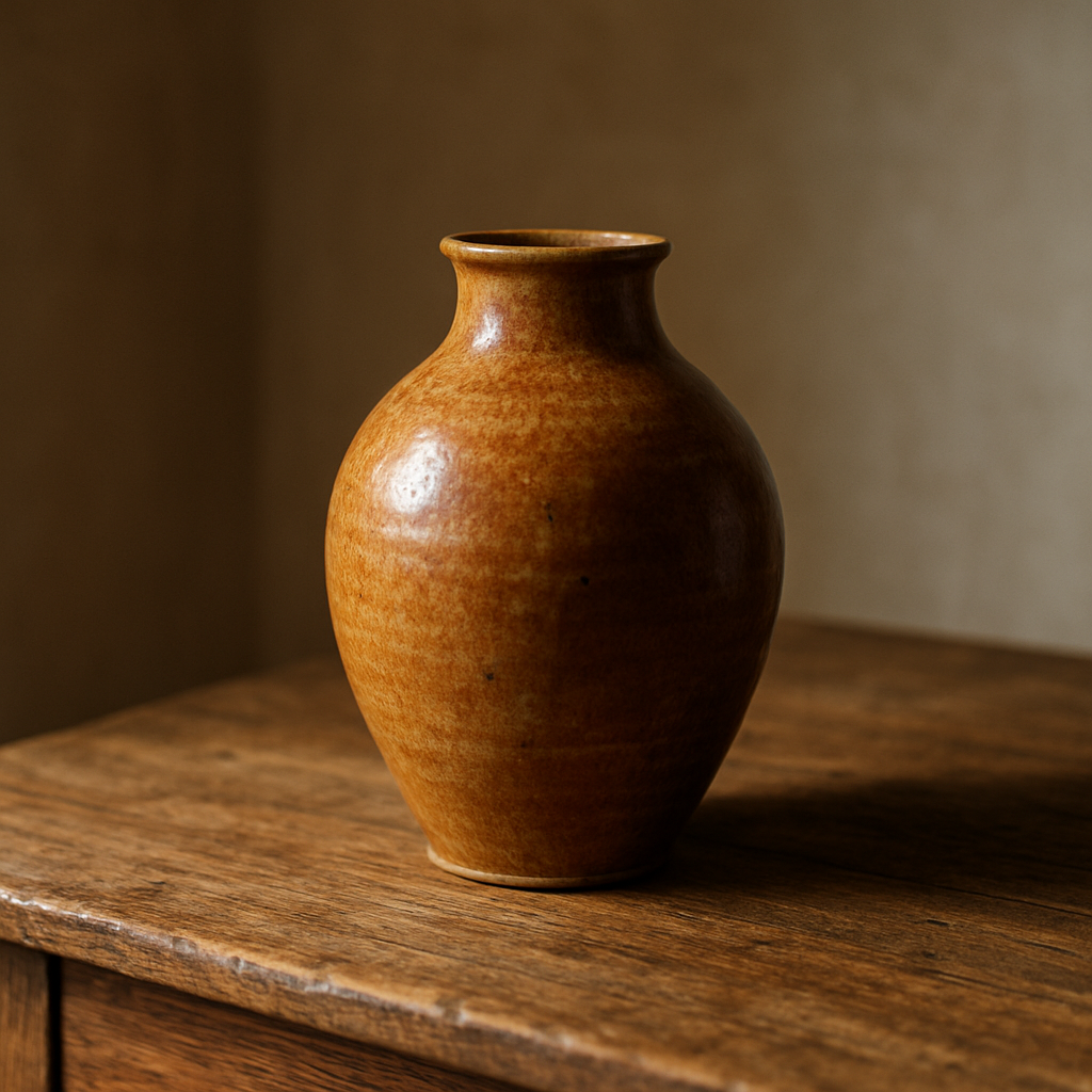 A hand‑crafted stoneware vase resting on a rustic wooden table, soft natural light highlighting the glaze texture. Alt: Stoneware vase with warm glaze on wooden surface