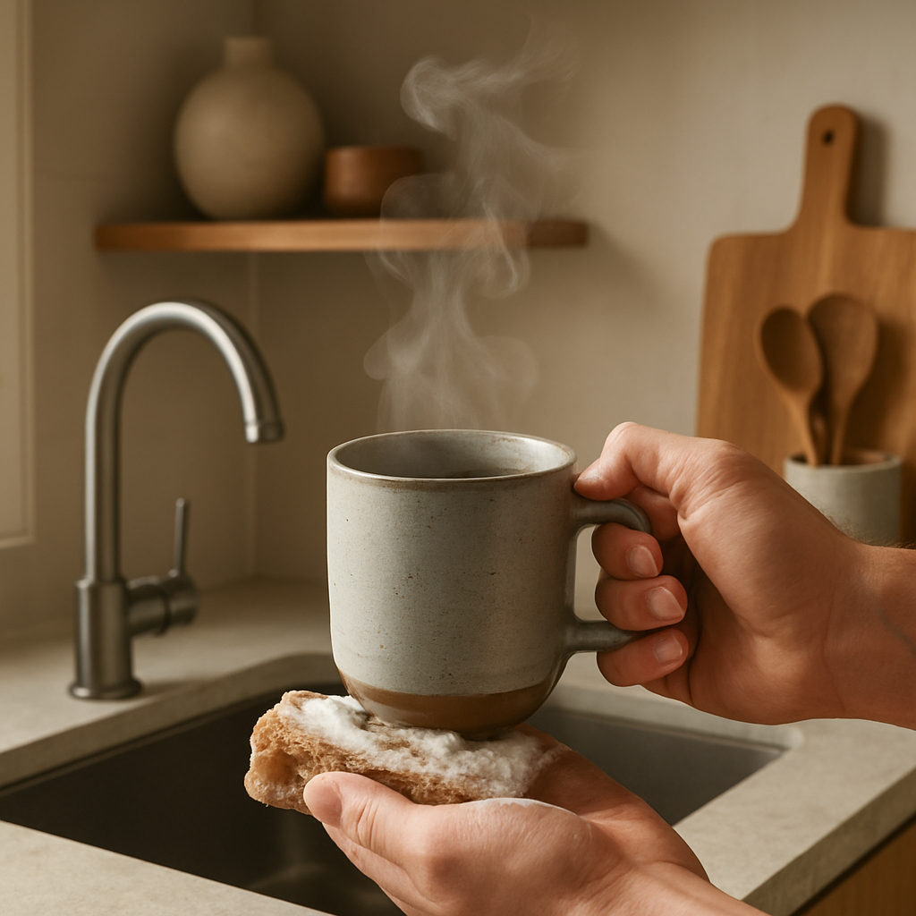 A hand holding a stoneware mug with steam rising, showcasing proper cleaning, set in a modern kitchen. Alt: Stoneware mug being cleaned