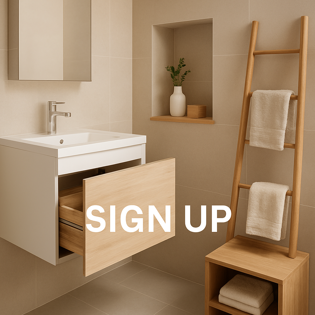 A bright, modern bathroom corner featuring a pull‑out shelf, a recessed wall niche with a ledge, and a ladder‑style rack holding towels and decor. Alt: Creative niche and corner storage ideas for a small bathroom.