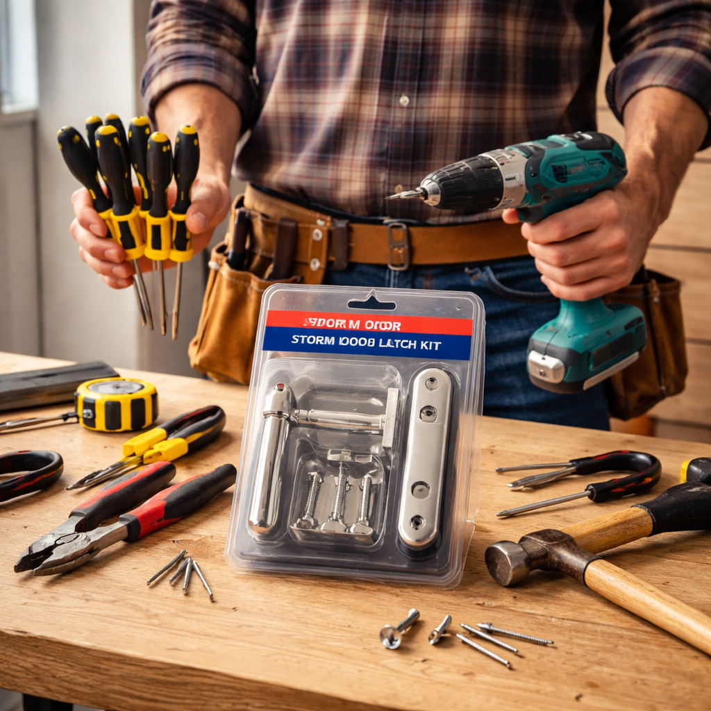 A realistic photo of a homeowner holding a set of screwdrivers, a drill, and a storm door latch kit on a workbench. Alt: storm door latch tools ready for installation
