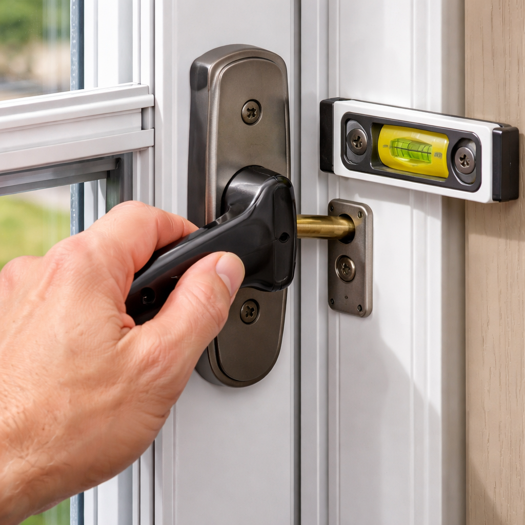 Realistic illustration of a hand testing a storm door latch, showing the latch bolt engaged and a close‑up of a level on the door frame. Alt: storm door latch testing and adjustment