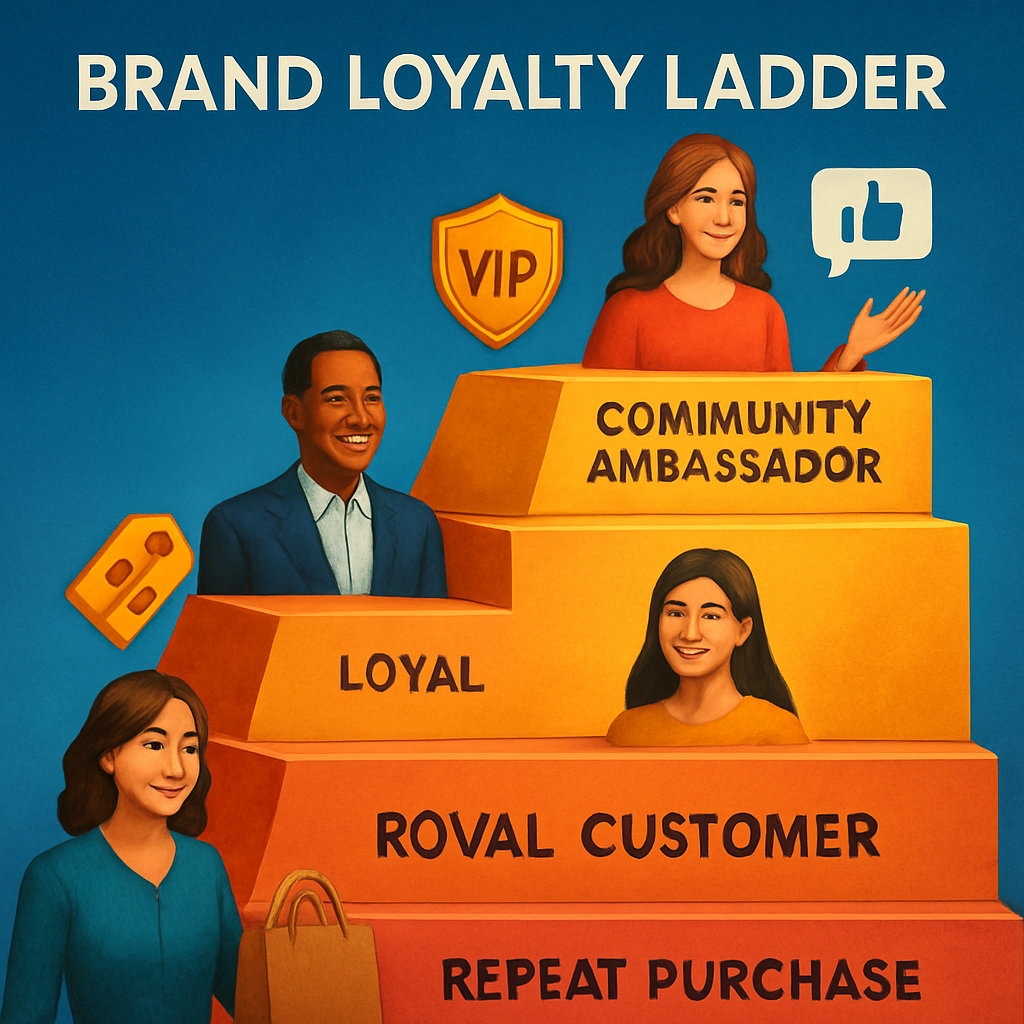 A vibrant illustration of a brand loyalty ladder, showing happy customers moving from repeat purchase to community ambassador, with icons for referral codes, VIP badges, and user‑generated content. Alt: brand equity pyramid upper tier loyalty advocacy visual guide