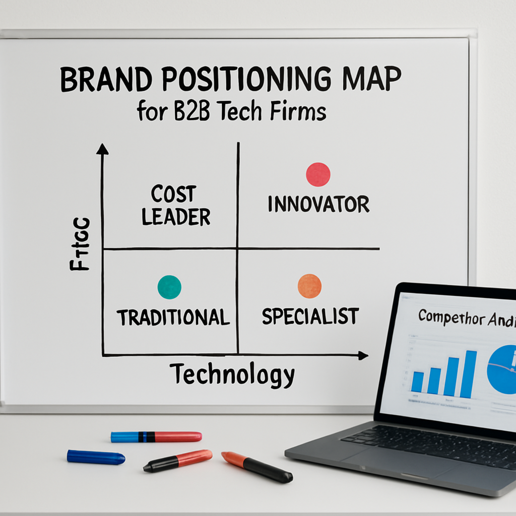 A sleek, modern office whiteboard with a hand‑drawn brand positioning map, markers scattered, a laptop displaying a competitor analysis chart. Alt: brand positioning map visualisation for B2B tech firms