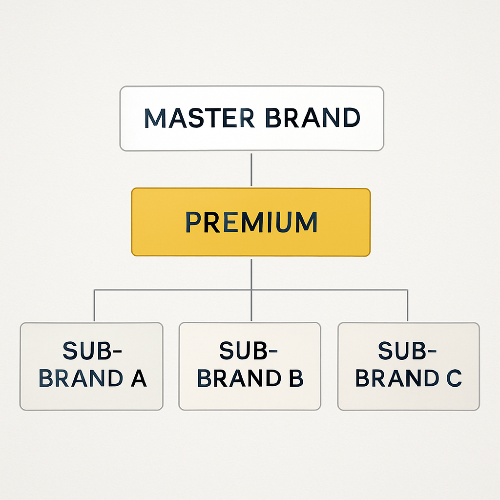 A clean, layered brand architecture diagram showing a master brand at the top, premium product tier highlighted in gold, and lower‑ticket sub‑brands in muted tones. Alt: brand architecture diagram for high‑ticket positioning