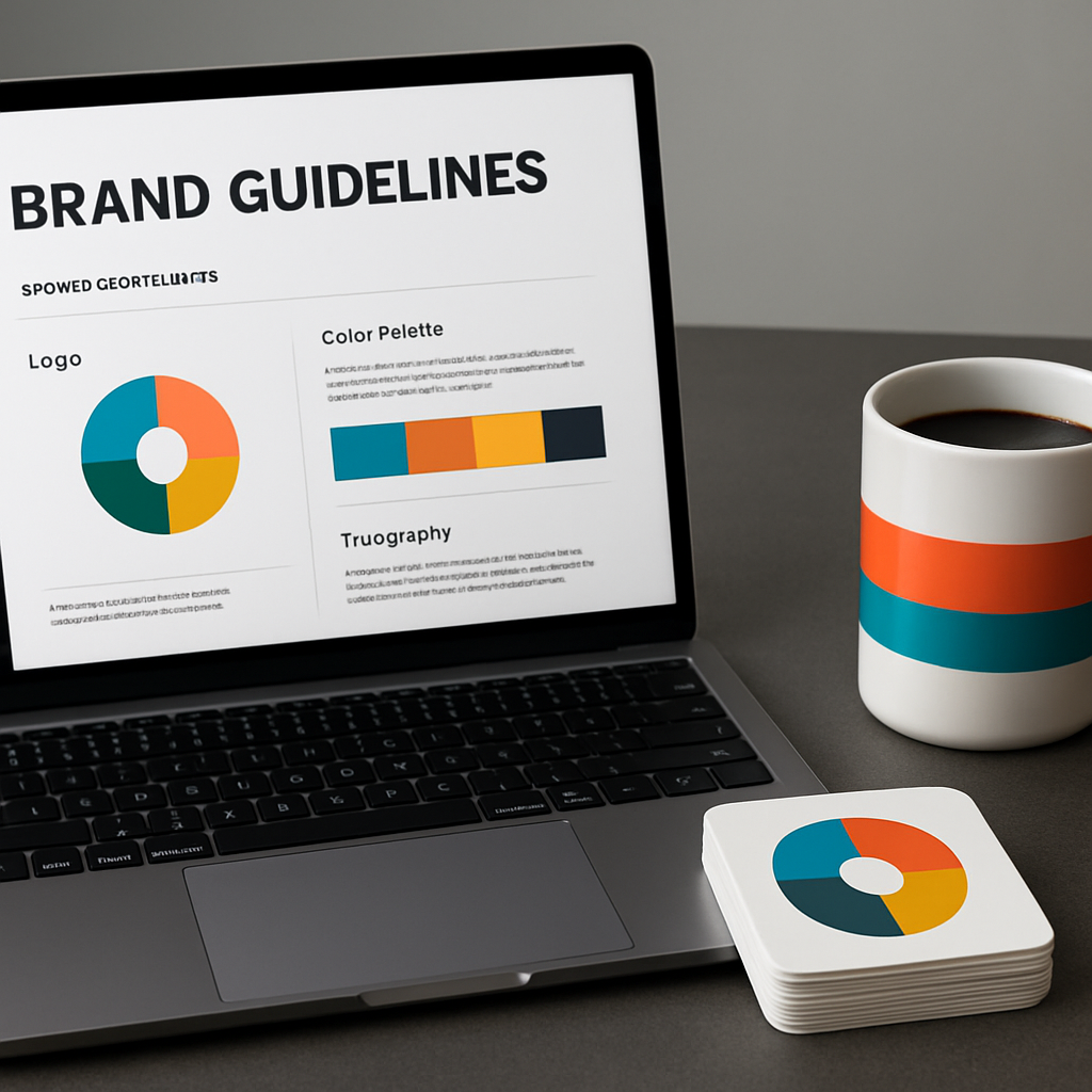 A sleek desk with a laptop showing a brand guidelines document, a stack of custom‑printed stickers, and a coffee mug featuring the brand’s colour palette. Alt: Brand salience audit visual assets and printed collateral reinforcing brand recall.