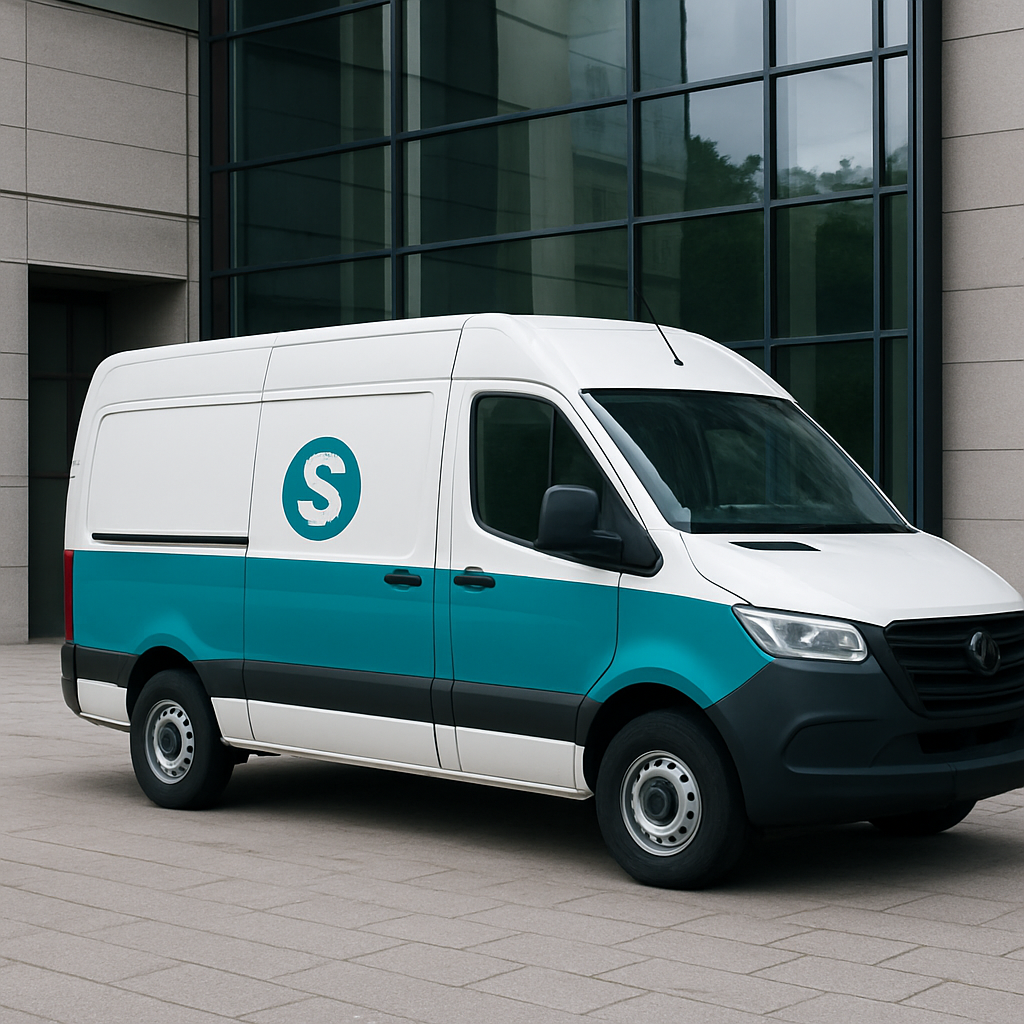 A sleek delivery van wrapped in a teal stripe, parked beside a modern office building, with the brand logo subtly displayed on the side. Alt: High‑impact brand cue on a delivery van reinforcing brand salience.