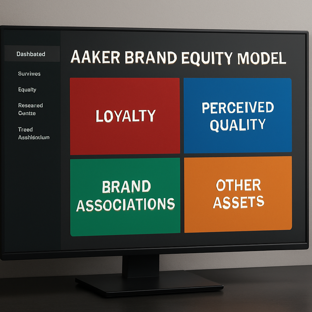 A sleek dashboard showing a colour‑coded Aaker brand equity matrix with four quadrants labelled Loyalty, Perceived Quality, Brand Associations, Other Assets. Alt: Aaker brand equity model visual assessment tool