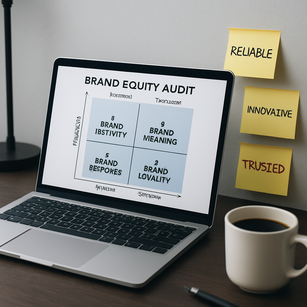 A sleek, modern office desk with a laptop displaying a brand equity audit grid, sticky notes with brand attributes, and a cup of coffee. Alt: Brand equity audit visualisation for CBBE model.