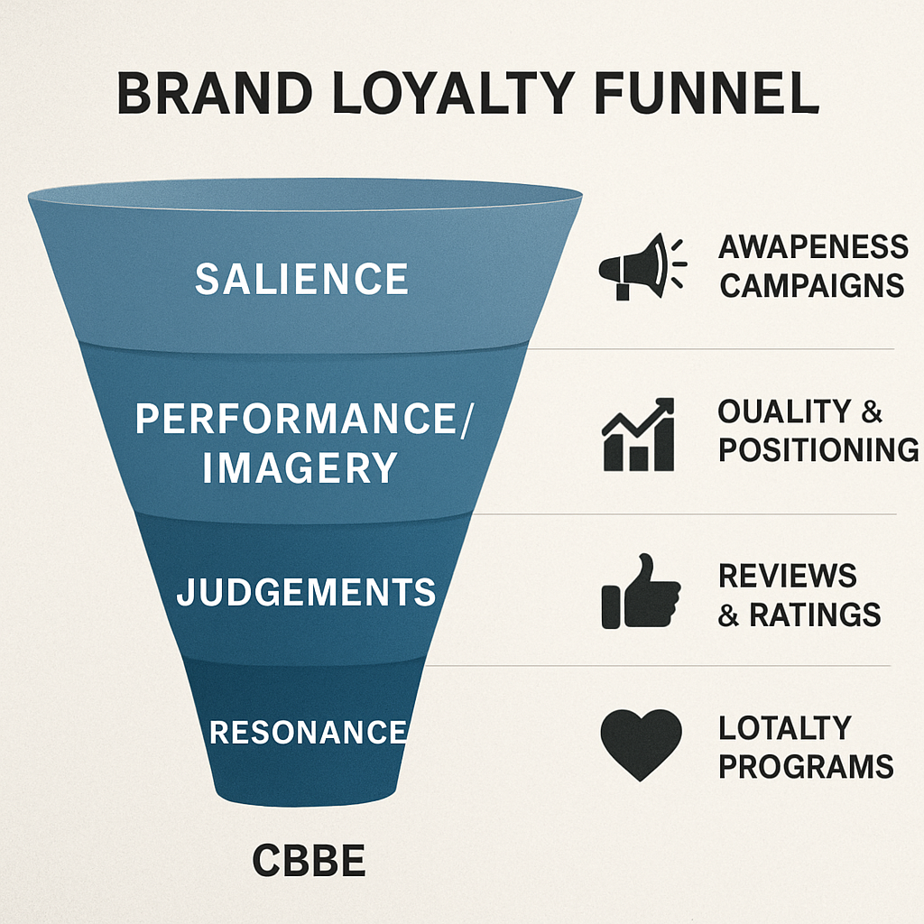 An illustration of a brand loyalty funnel showing the four CBBE layers – salience, performance/imagery, judgements, resonance – with icons for each actionable tactic. Alt: CBBE model driving brand response and loyalty