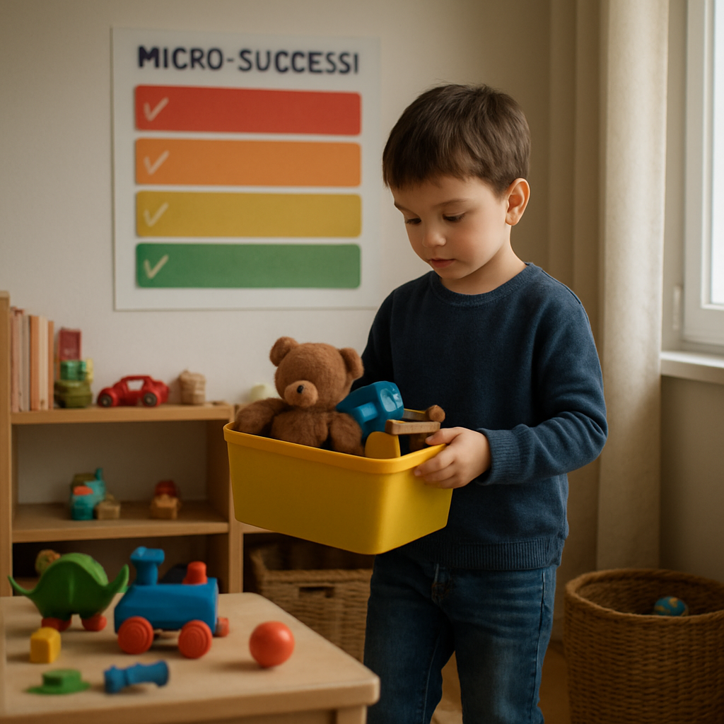 Un bambino italiano che mette via i giocattoli in una stanza ordinata, con un cartellino colorato sulla parete che segna i micro‑successi, stile Realism, luce naturale, ambientazione domestica europea.