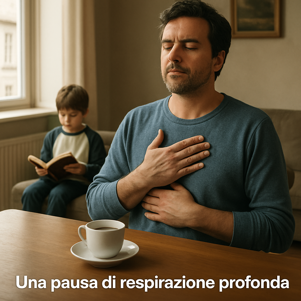 Un genitore italiano seduto su una sedia accanto a un tavolo, con una tazza di tè, mentre pratica respirazione profonda; sullo sfondo un bambino che legge tranquillamente, luce naturale che entra da una finestra, stile Realism, ambiente domestico europeo.