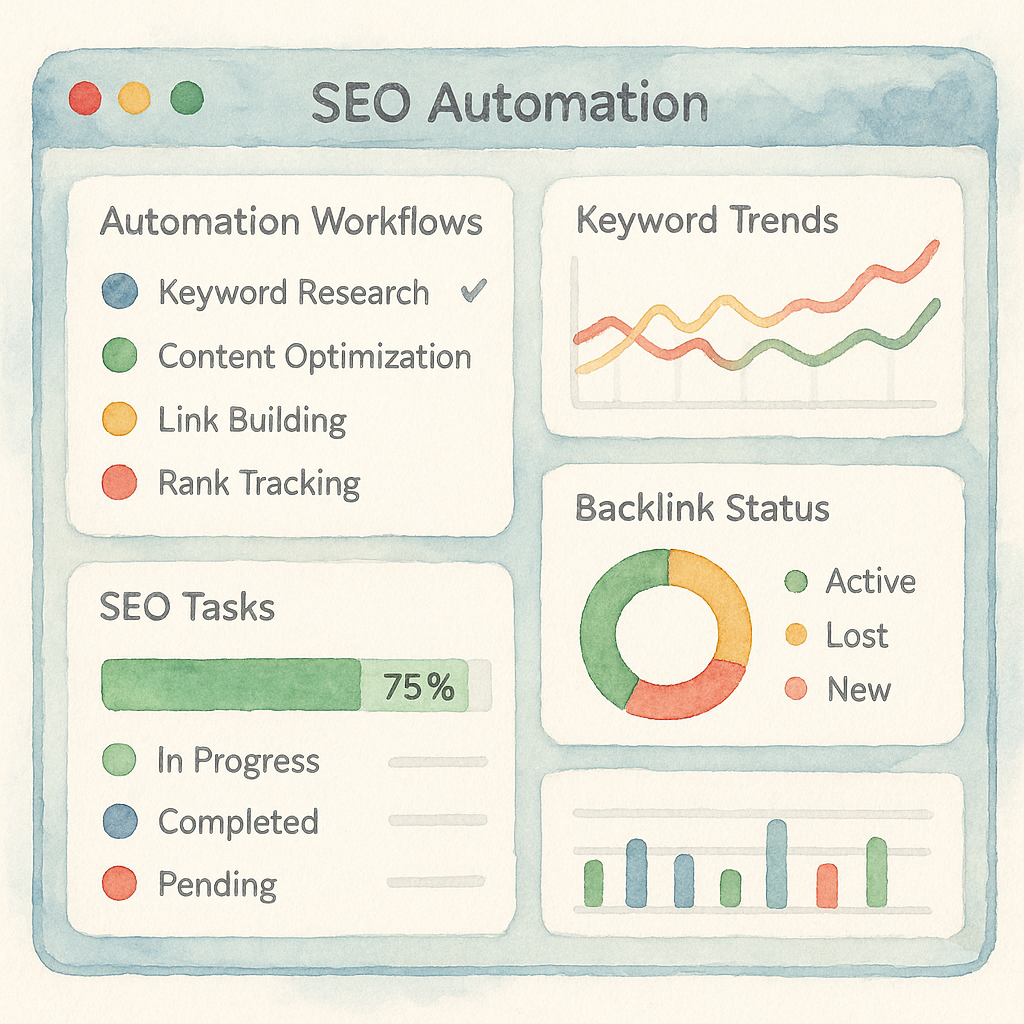 A detailed dashboard displaying SEO automation workflows, keyword trends, backlink statuses and task completion metrics. Alt: Dashboard showcasing automated seo task management interface with keyword and backlink analytics.