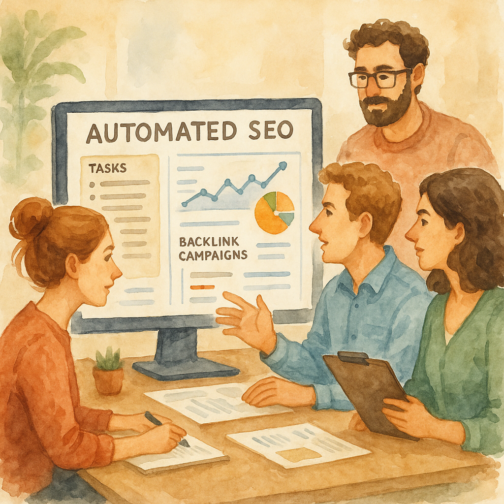 Scenario showing a digital marketing team collaborating around an automated SEO dashboard, planning content strategies and backlink campaigns. Alt: Marketing team utilizing automated seo task management tools to streamline SEO projects.