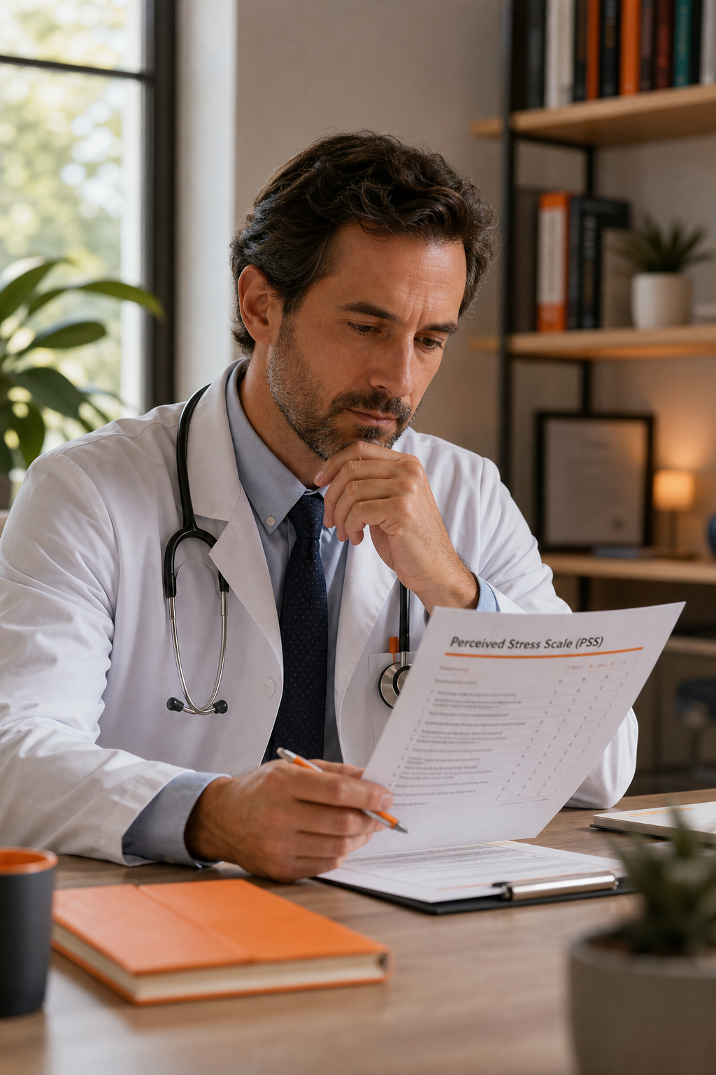 A doctor sitting at a desk, looking at a paper questionnaire with a pen in hand. The setting is a calm office with natural light. The doctor appears thoughtful, not stressed. Cinematic style. Alt: Doctor reviewing a Perceived Stress Scale questionnaire for stress assessment.