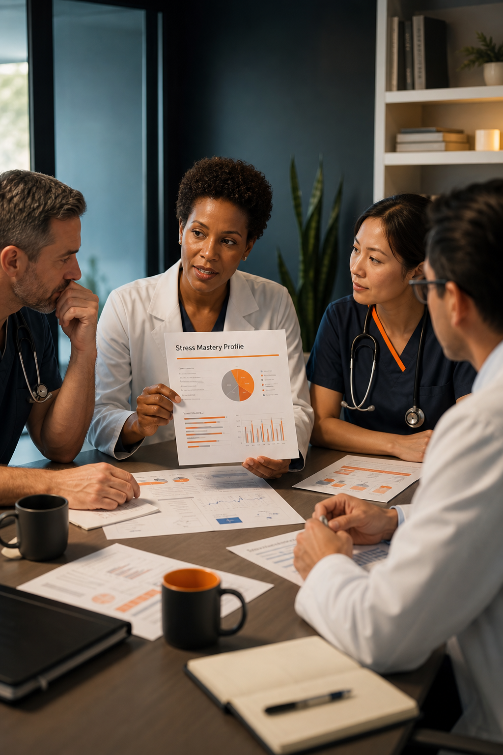 A group of healthcare professionals in a meeting room, reviewing printed reports and discussing strategies. One doctor holds a report titled 