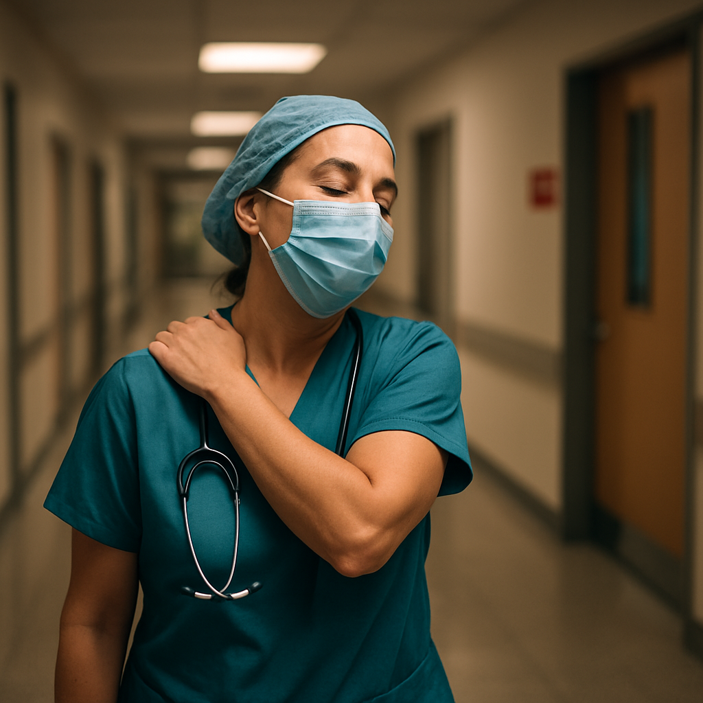 A healthcare worker standing in a hospital hallway, doing a quick shoulder roll. Alt: Micro-movement break in a medical setting.