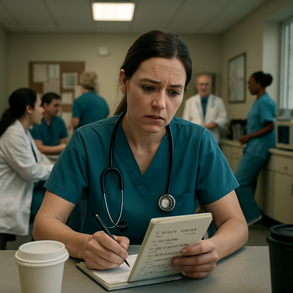 A busy hospital break room with a clinician holding a notebook, noting stress triggers. Alt: Clinician assessing stress levels in a hospital setting.