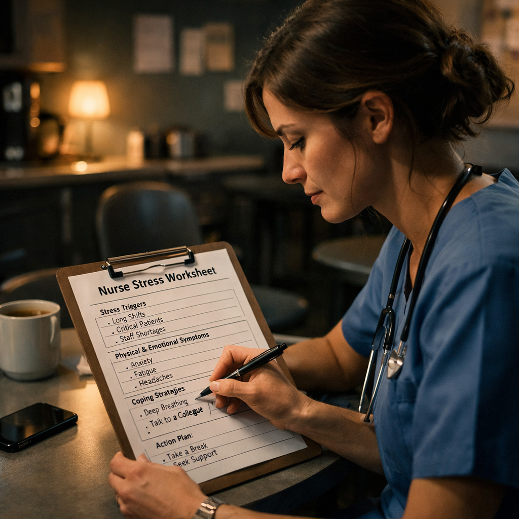 A cinematic style scene of a nurse writing a stress worksheet on a clipboard in a quiet break room. Alt: nurse stress worksheet example