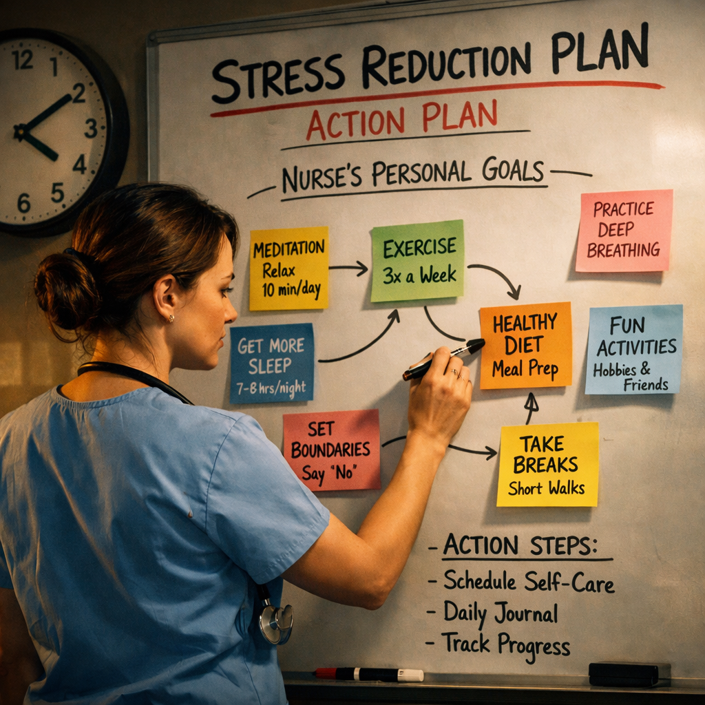 A cinematic style illustration of a nurse planning a stress‑reduction action plan on a whiteboard, with sticky notes and a clock. Alt: nurse personalized action plan visual