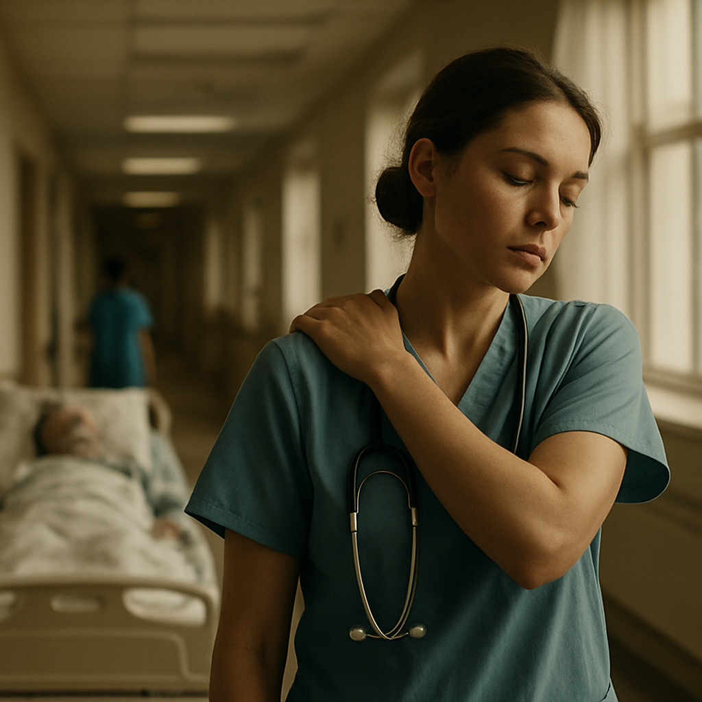 A cinematic, photorealistic scene of a hospital corridor where a nurse performs a shoulder roll beside a bustling bedside, soft natural light streaming through windows, highlighting the subtle motion and the calm focus on her face. Alt: Healthcare worker doing micro‑movement break to manage stress.