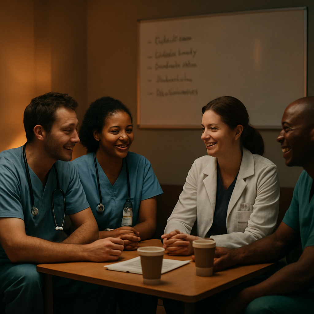 A cinematic, photorealistic scene of a hospital staff lounge at dusk, soft warm lighting casting gentle shadows, a group of clinicians gathered around a small table sharing a debrief, expressions of relief and camaraderie, a whiteboard with bullet‑point notes in the background. Alt: Healthcare workers engaging in peer support debriefing after a shift.