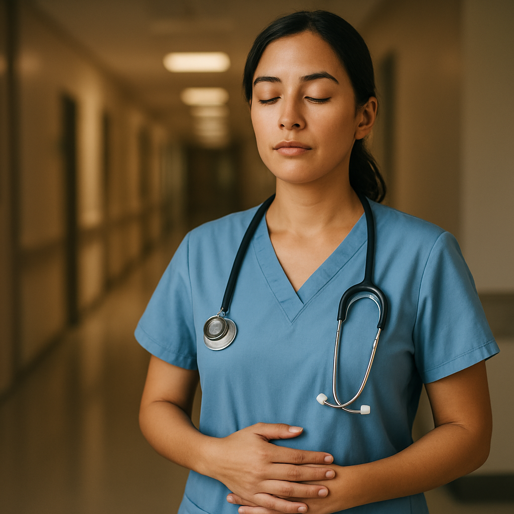 A calm nurse standing in a hospital hallway, eyes closed, hands gently on the abdomen as she practices diaphragmatic breathing. Alt: mindful breathing exercises for nurses reducing shift stress