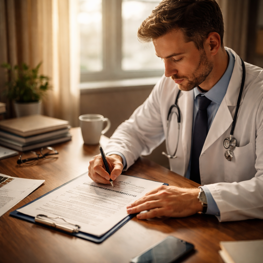 A cinematic scene of a doctor sitting at a desk, filling out a paper questionnaire on stress resilience, soft window light casting gentle shadows, showing focus and calm. Alt: stress resilience questionnaire for doctors visual.