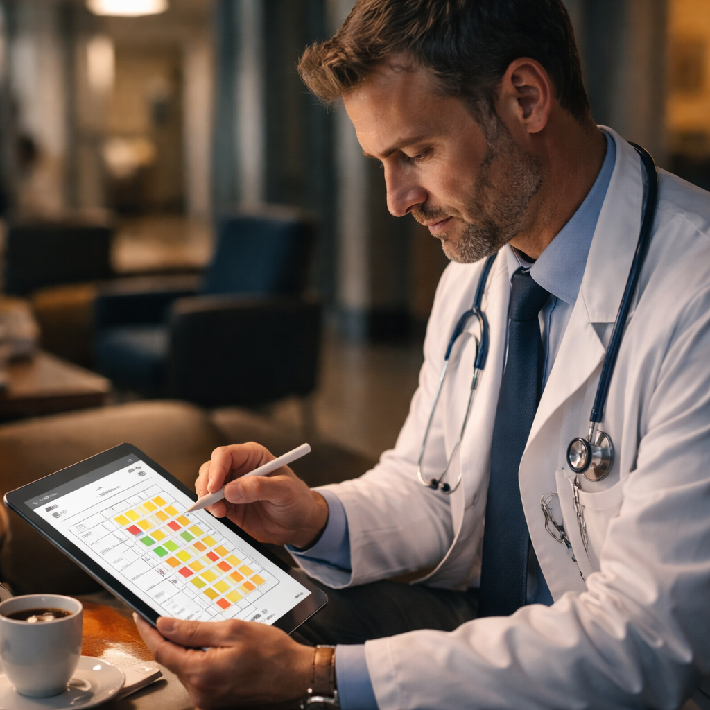 A cinematic, photorealistic scene of a doctor reviewing a colourful habit‑tracking sheet on a tablet in a quiet hospital lounge, soft lighting highlighting the red, yellow, and green markers. Alt: Doctor implementing action plans from a stress resilience questionnaire.