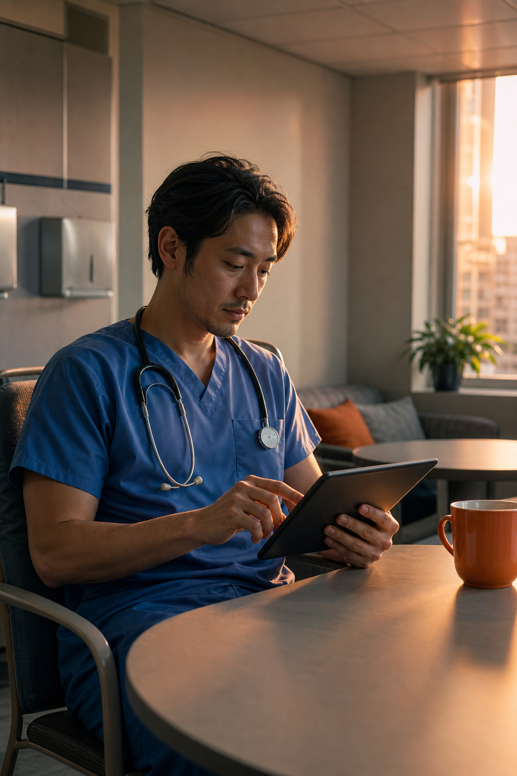 A photorealistic cinematic scene of a doctor in scrubs sitting alone in a quiet hospital break room, calmly completing a wellbeing self-assessment on a tablet, warm orange light from a window. Alt: Doctor completing a stress resilience score calculator self-assessment on a tablet.