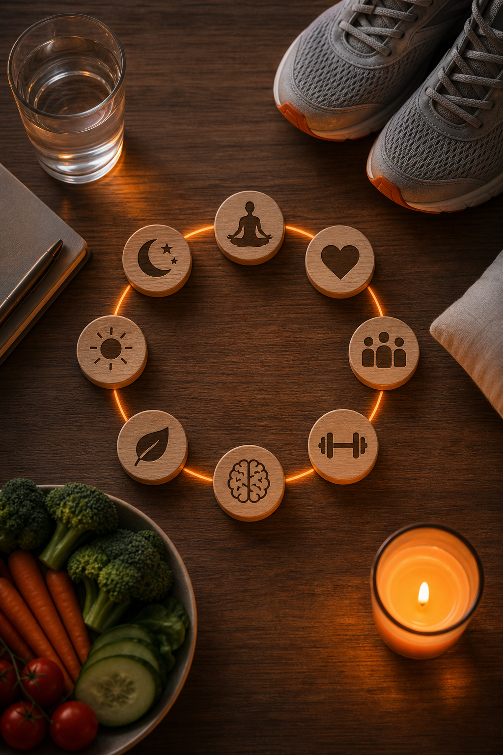 A photorealistic cinematic overhead composition of eight simple wellness symbols arranged in a circle on a clean wooden desk , a water glass, a pair of running shoes, a notebook, a pillow, fresh vegetables, a lit candle for breathing, with warm orange accent lighting. Alt: The 8 pillars of wellbeing mapped to a stress resilience score for doctors.