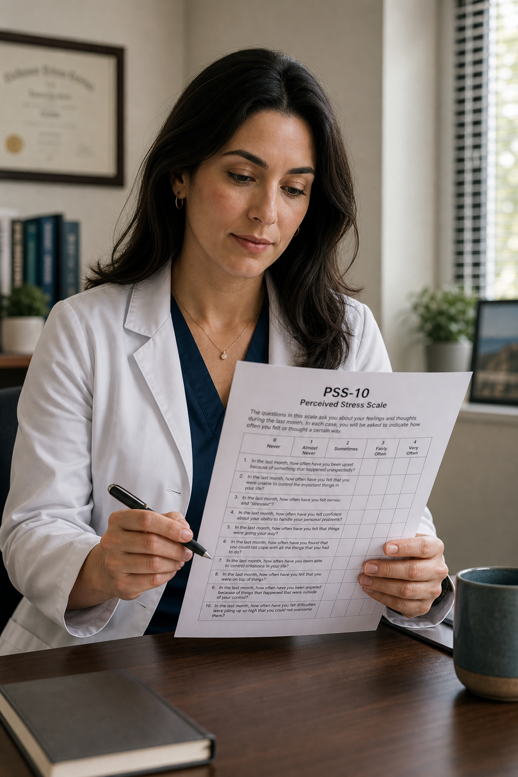 A clinician sitting at a desk, holding a pen and a printed PSS-10 questionnaire, with a calm expression, soft natural lighting. Cinematic style. Alt: Clinician taking a stress self-assessment using the PSS-10 scale.