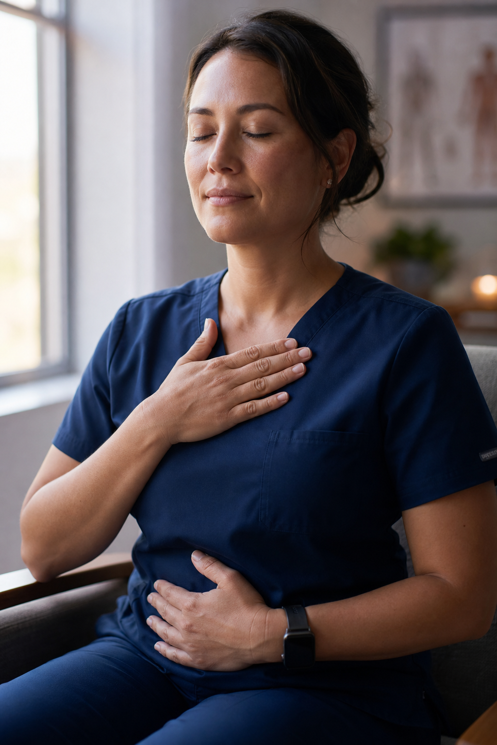 Close-up of a clinician's hands on their belly and chest while seated, with a calm expression, soft window light. Cinematic style. Alt: Clinician practicing belly breathing for stress awareness after completing the PSS-10.