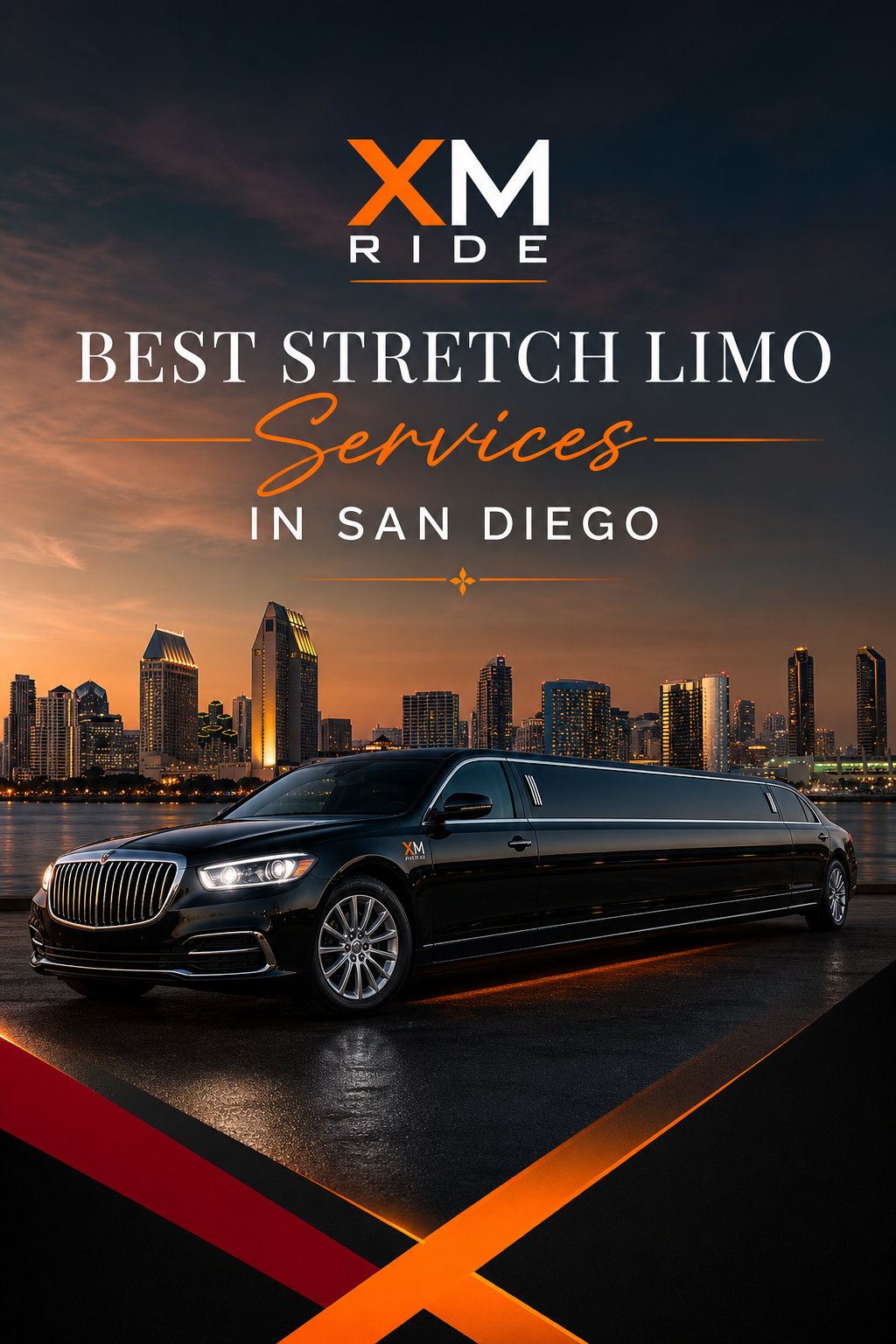 Cinematic shot of a sleek black stretch limousine parked in front of the San Diego skyline at dusk, city lights reflecting on the polished paint. Alt: XM Ride stretch limo San Diego luxury transportation