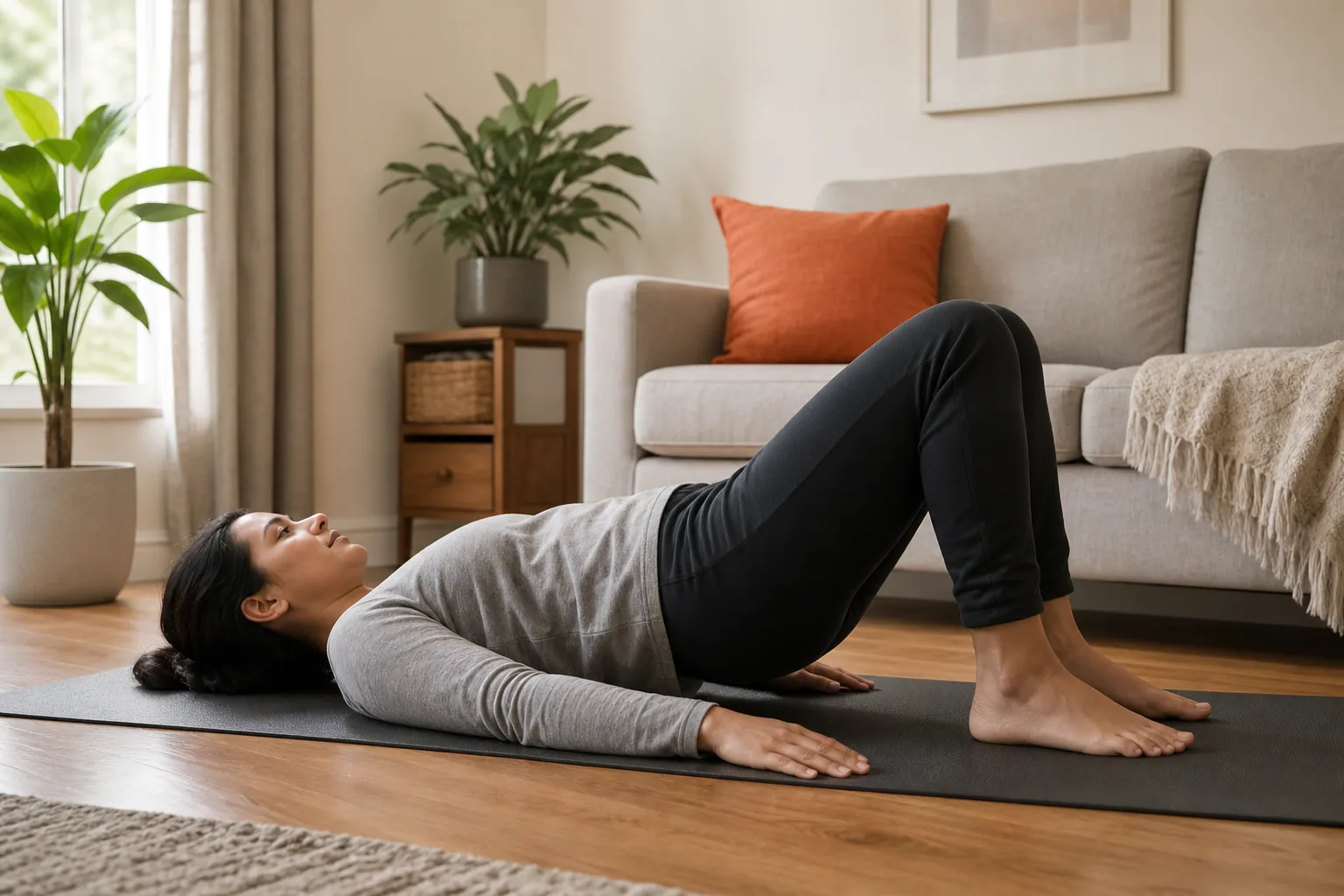 Gentle pelvic tilt for lower back mobility at home.