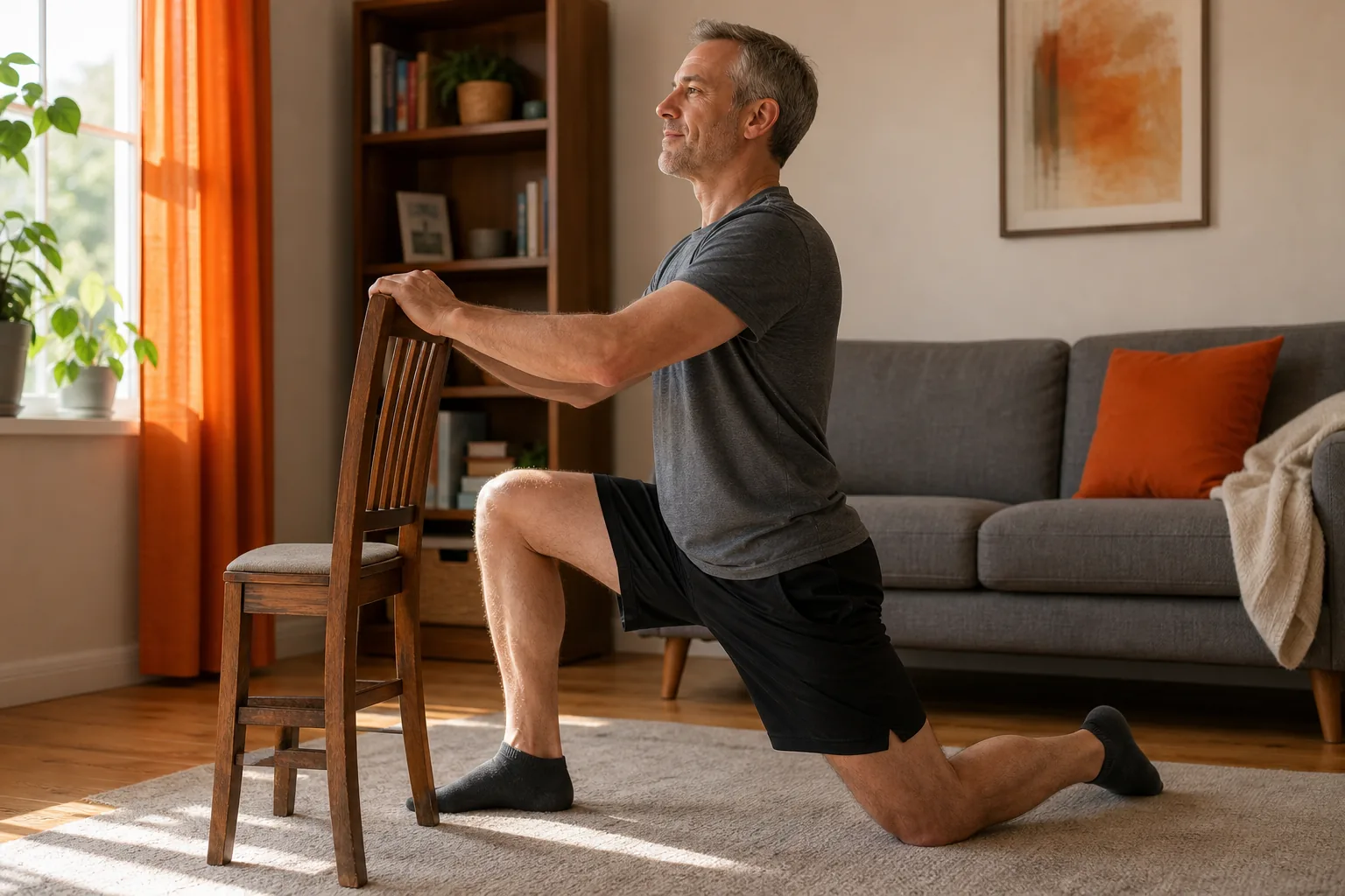 Supported hip flexor stretch for gentle lower-back care.